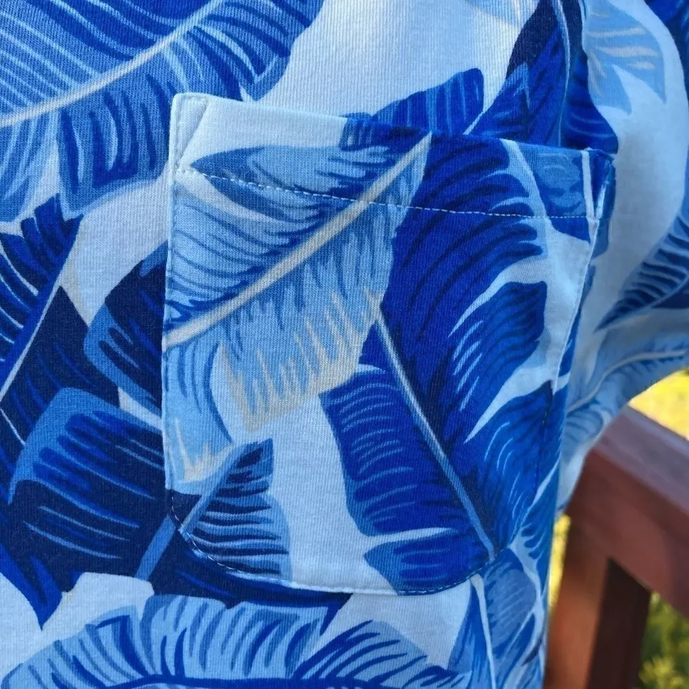 Land’s End navy bright blue white abstract palm print Cotton midi dress SP